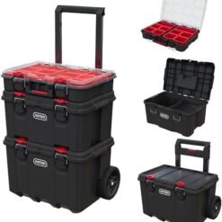 Keter Stack-n-Roll Modular Tools Organizer for Garage Storage and DIY, 3 Piece Resin Rolling Tool Box System for Small Parts, Black