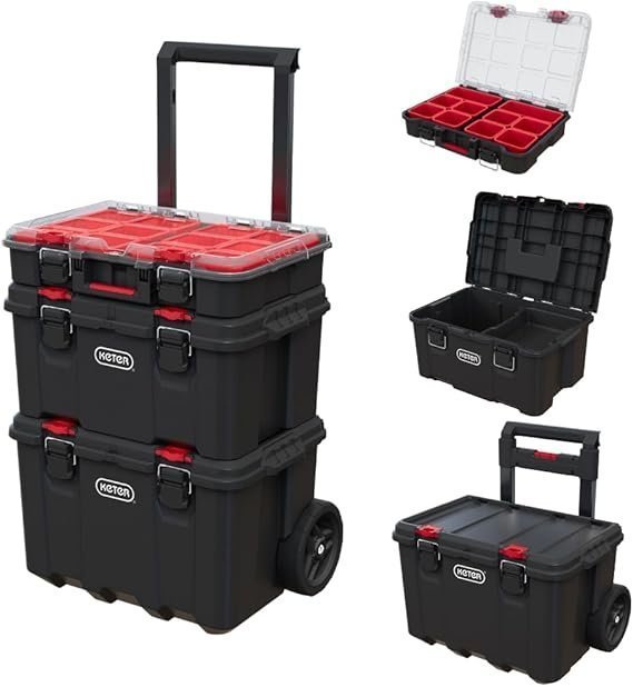 Keter Stack-n-Roll Modular Tools Organizer for Garage Storage and DIY, 3 Piece Resin Rolling Tool Box System for Small Parts, Black - Image 4
