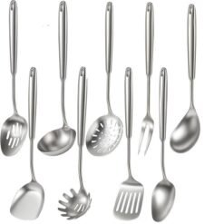 Newness 9 Pcs Cooking Utensils Set, 304 Stainless Steel Kitchen Utensils Set, Metal Kitchen Accessories, Include Soup Ladle, Slotted Skimmer Spoon, Spaghetti Spoon and Spatula, Dishwasher Safe