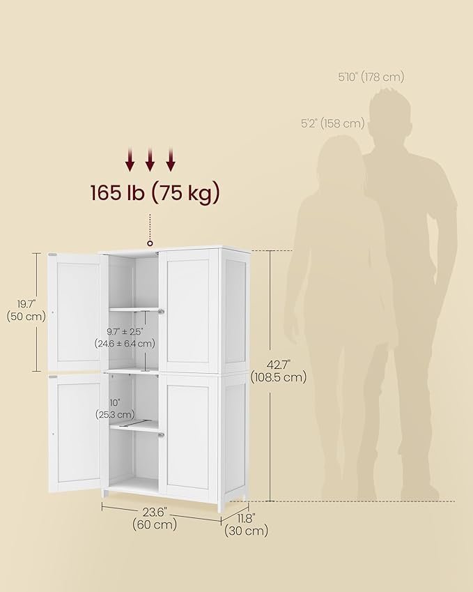VASAGLE Floor Storage Cabinet, Shaker Cabinet with 2 Adjustable Shelves, 4 Doors, Tall Freestanding Organizer Unit, for Kitchen Bathroom Living Room, Cloud White UBBC553WH01S - Image 4