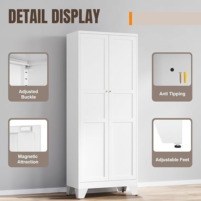 Yizosh Metal Pantry Cabinet, 75″ Kitchen Pantry with 2 Door and 4 Adjustable Shelves,White Metal Pantry Storage Cabinet,Cupboard for Kitchen,Dining Room,Living Room and Bathroom - Image 2