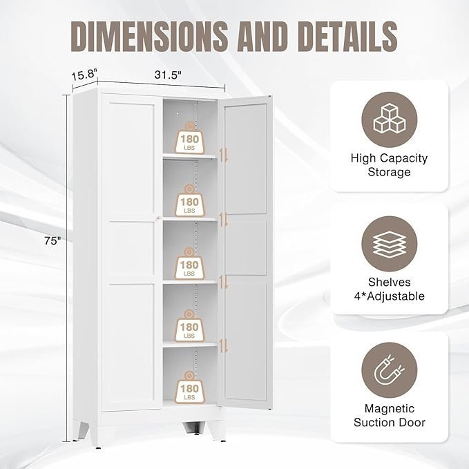 Yizosh Metal Pantry Cabinet, 75″ Kitchen Pantry with 2 Door and 4 Adjustable Shelves,White Metal Pantry Storage Cabinet,Cupboard for Kitchen,Dining Room,Living Room and Bathroom - Image 4
