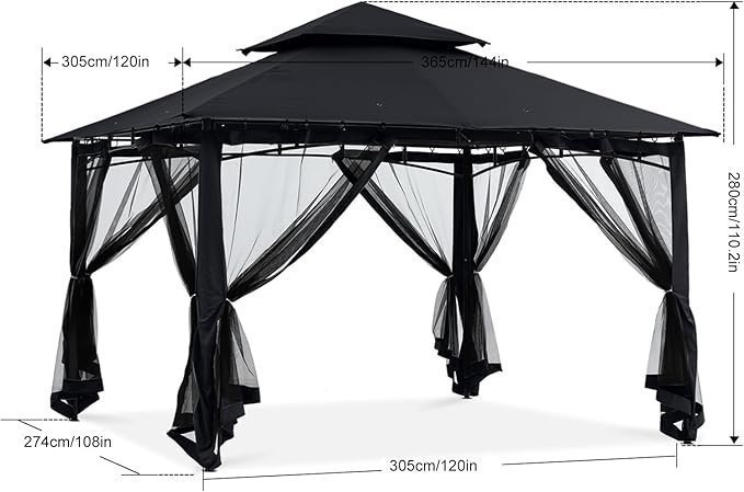ABCCANOPY Gazebos for Patios 10×12 – Outdoor Steel Frame Gazebo with Mosquito Netting for Lawn Backyard Garden Deck (Black) - Image 3