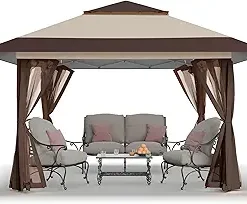 CROWN SHADES 13×13 Pop Up Gazebo, Canopy Tent, Gazebos on Clearance – Outdoor Gazebo for Backyard & Patio Furniture – Carpa Pop Up Tent with Wheeled STO-N-Go Cover Bag (Beige & Coffee)