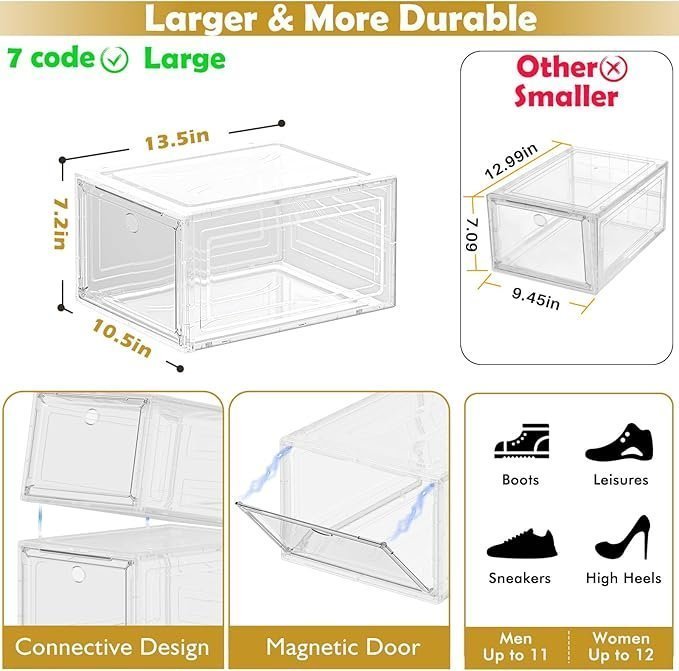 12 Pack Clear Shoe Storage Organizer with Magnetic Door,Stackable Plastic Shoe Boxes for Sneakers,Boots,and Heels,Space-Saving Foldable Shoe Rack for Closet,Durable Shoe Cabinet Organizer,White - Image 4