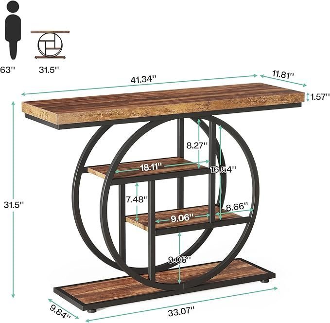 Tribesigns 41.3″ Console Table, Industrial 4-Tier Sofa Table Entryway Table with Circle Base, Narrow Wood Accent Tables with Storage Shelves for Living Room, Hallway, Foyer, Rustic Brown - Image 4