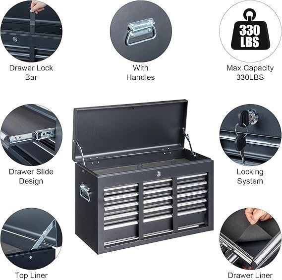 Winado 24″ Portable Metal Tool Box, 5 Drawers Toolbox with Top Storage Tray, Carry Handle, Ball Bearing Runners, Lockable Tool Chest Cabinet for Garage, Warehouse, Repair Shop & Home, Black - Image 4