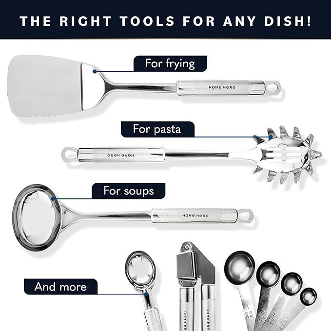 Home Hero 54-Piece Stainless Steel Kitchen Utensils Set – Heat-Resistant Nonstick Silicone & Stainless Steel Cooking Utensils – Complete Tools with Slotted Spoon & Pasta Spoon – Pack of 54, Silver - Image 4