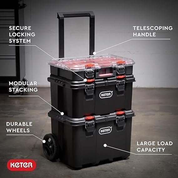 Keter Stack-n-Roll Modular Tools Organizer for Garage Storage and DIY, 3 Piece Resin Rolling Tool Box System for Small Parts, Black - Image 4