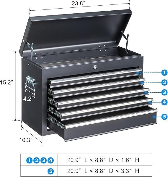 Winado 24″ Portable Metal Tool Box, 5 Drawers Toolbox with Top Storage Tray, Carry Handle, Ball Bearing Runners, Lockable Tool Chest Cabinet for Garage, Warehouse, Repair Shop & Home, Black - Image 2
