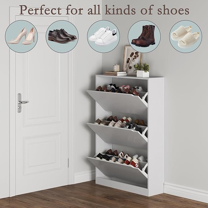 BORNOON Shoe Cabinet with 3 Flip Drawers, Hidden Wood Shoe Cabinet,Freestanding Shoe Storage Cabinet for Entryway Hallway.White. 47.2″ H*31.5″ W*9.45″ D. - Image 3