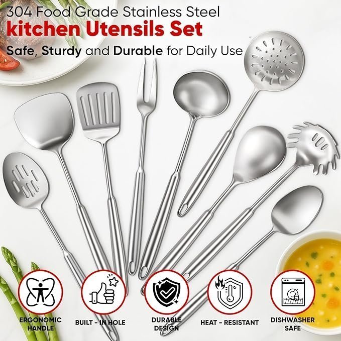Newness 9 Pcs Cooking Utensils Set, 304 Stainless Steel Kitchen Utensils Set, Metal Kitchen Accessories, Include Soup Ladle, Slotted Skimmer Spoon, Spaghetti Spoon and Spatula, Dishwasher Safe - Image 4