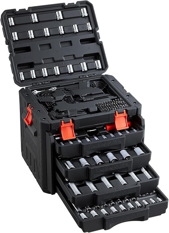 VEVOR Mechanics Tool Set and Socket Set, 1/4″ 3/8″ 1/2″ Drive Deep and Standard Sockets, 450 Pcs SAE and Metric Mechanic Tool Kit with Bits, Combination Wrench, Hex Wrenches, Accessories, Storage Case