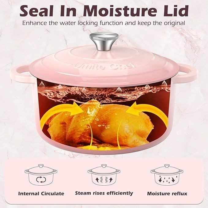 Umite Chef 5QT Enameled Cast Iron Dutch Oven Pot with Lid, Heavy-Duty Cookware for Bread Baking, Braising, Stews, Roasting, Wedding Registry Ideas & Gifts (Pink) - Image 3