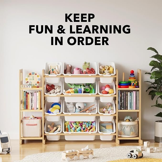 SpaceAid Toy Storage Organizer with 6 Shelves and 12 Bins, Bookshelf/Bookcase, Kids Bin Shelf, Toys Box for Playroom Organization for Bedroom & Room Decor, White, 52.3″ W - Image 2