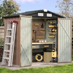 Aoxun 6.2×4 FT Shed Outdoor Storage Shed with Lockable Doors & Slooping Roof Metal Garden Tool Shed for Backyard, Patio, Poolside (Brown)