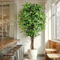 7ft Large Ficus Artificial Trees with Natural Curved Trunks, 84″ Tall Lush Faux Tree for Home Decor Indoor, Green Lifelike Fake Ficus Tree Artificial Plants in Pot(Set of 2)