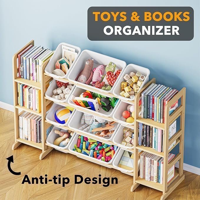 SpaceAid Toy Storage Organizer with 6 Shelves and 12 Bins, Bookshelf/Bookcase, Kids Bin Shelf, Toys Box for Playroom Organization for Bedroom & Room Decor, White, 52.3″ W - Image 3