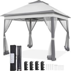 Yaheetech 11×11 Pop Up Gazebo Outdoor Canopy Shelter, Instant Patio Gazebo Sun Shade Canopy Tent with 4 Sandbags, 2 Tiers Roof & Mesh Netting for Lawn, Garden, Backyard & Deck, Gray