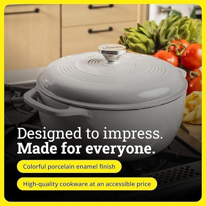 Lodge Essential Enamel Cast Iron Dutch Oven – Perfect for Bread Baking, Braising, Marinating & Slow Cooking – Features Moisture-Sealing Lid & Dual Handles – Kitchen Essentials – 6 Quarts – Oyster White - Image 2