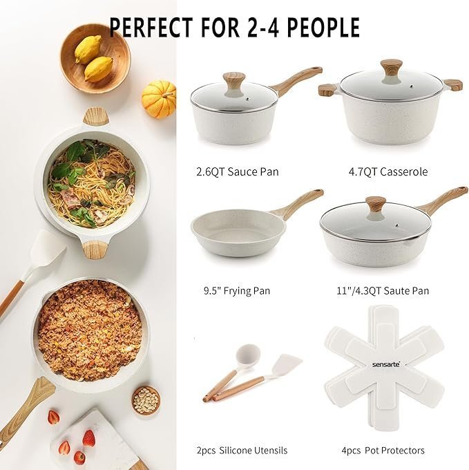 SENSARTE Nonstick Ceramic Cookware Set, 13-Piece Non-toxic Pots and Pans Set, Healthy Kitchen Cooking Set with Stay-Cool Handles, Silicone Tools and Pot Protectors, PFAS Free - Image 2