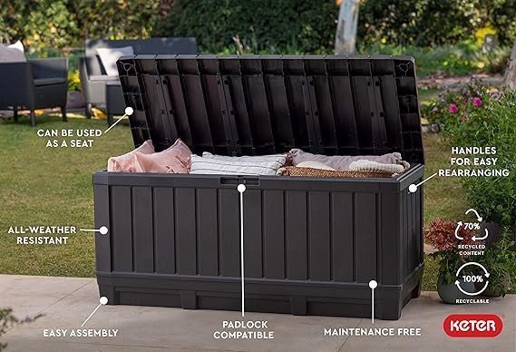 Keter Kentwood 92 Gallon Resin Deck Box-Organization and Storage for Patio Furniture Outdoor Cushions, Throw Pillows, Garden Tools and Pool Floats, Dark Grey - Image 2
