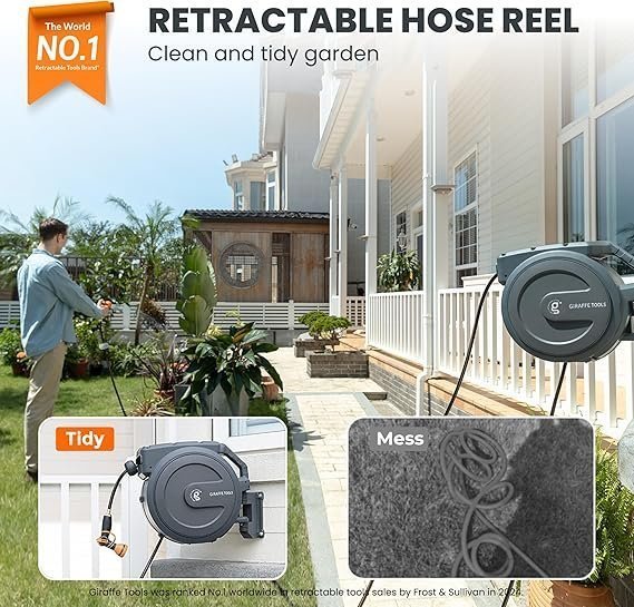 Giraffe Tools Retractable Garden Hose Reel 1/2 Inch x 130 ft, Super Heavy Duty, Any Length Lock, Slow Return System, Wall Mounted and 180 Deg Swivel Bracket - Image 2
