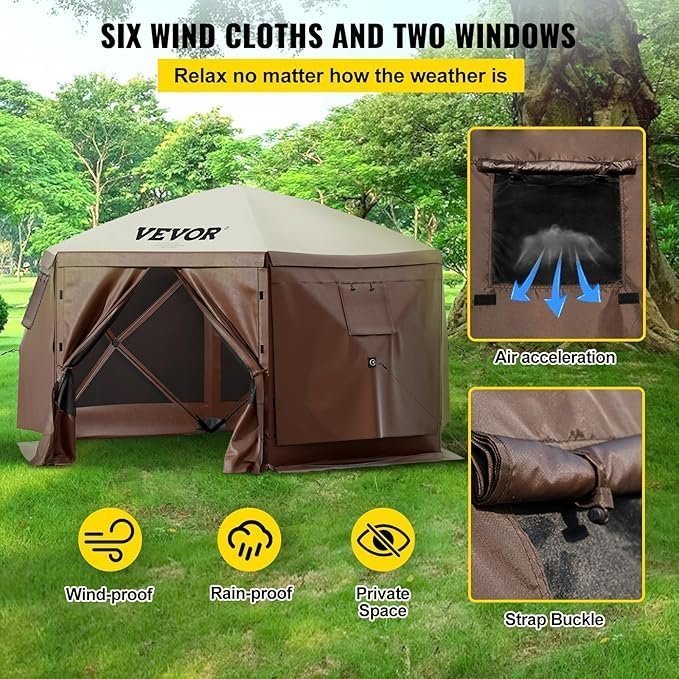VEVOR Pop Up Gazebo Screen Tent, Pop-Up Instant Gazebo Tents with Mosquito Netting Outdoor Canopy, 6 Sided Sun Shelter 10x10ft with 6 Removable Wind Cloths & 2 Mesh Windows, Pavilion Tent for Patio - Image 3