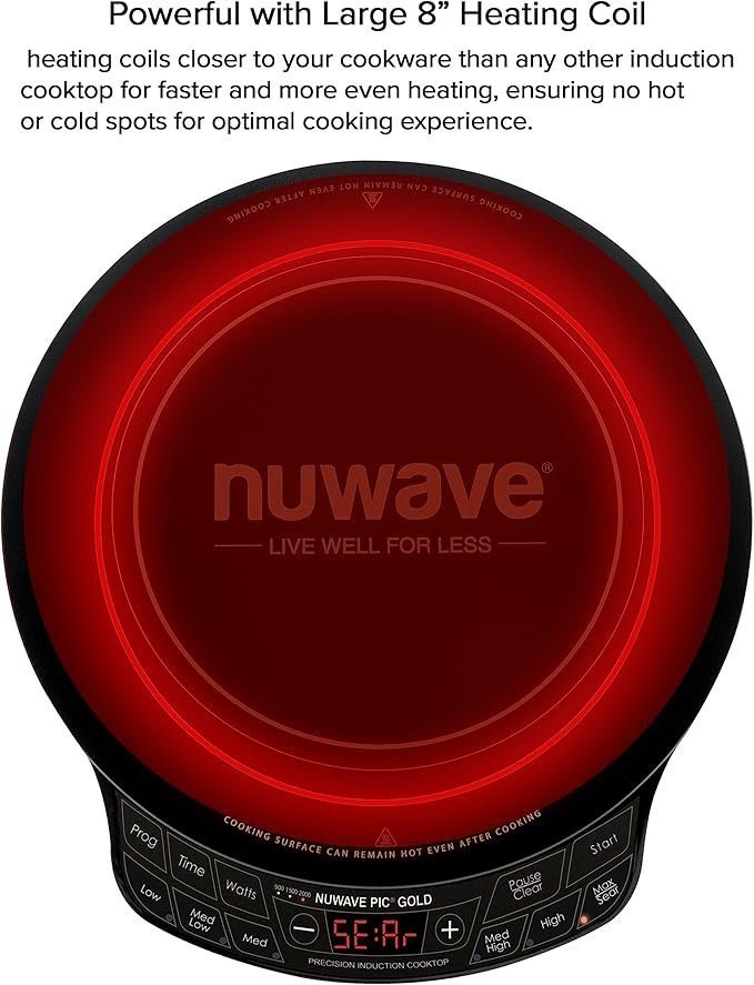 Nuwave Precision Induction Cooktop Gold, 12” Shatter-Proof Ceramic Glass Surface, Large 8” Heating Coil, Portable, 51Temp Settings 100°F to 575°F, 3 Wattage Settings 600, 900, and 1500 Watts - Image 4