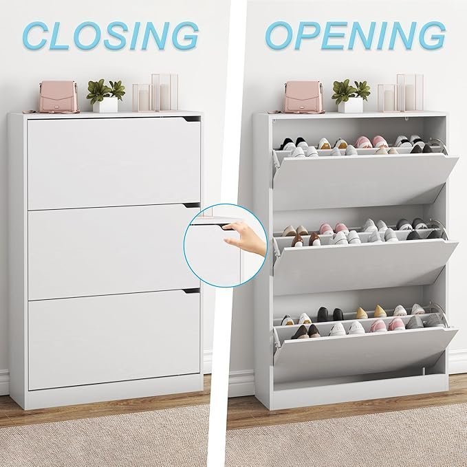 BORNOON Shoe Cabinet with 3 Flip Drawers, Hidden Wood Shoe Cabinet,Freestanding Shoe Storage Cabinet for Entryway Hallway.White. 47.2″ H*31.5″ W*9.45″ D. - Image 2
