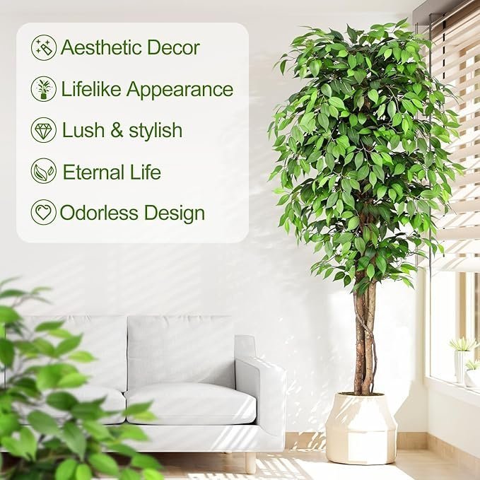7ft Large Ficus Artificial Trees with Natural Curved Trunks, 84″ Tall Lush Faux Tree for Home Decor Indoor, Green Lifelike Fake Ficus Tree Artificial Plants in Pot(Set of 2) - Image 3