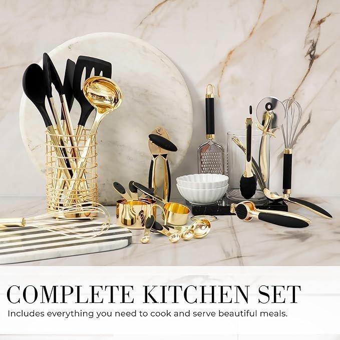Black and Gold Kitchen Utensils Set – 23-Piece Luxury Kitchen Accessories Includes Gold Measuring Cups, Spoons, Silicone Cooking Utensils and Tools for Baking, Cooking, and Stylish Kitchen Decor - Image 6
