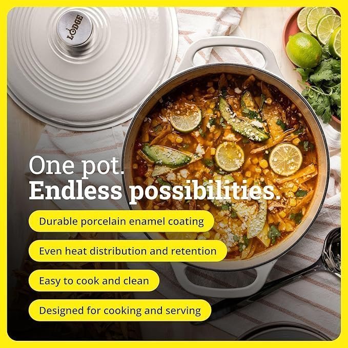 Lodge Essential Enamel Cast Iron Dutch Oven – Perfect for Bread Baking, Braising, Marinating & Slow Cooking – Features Moisture-Sealing Lid & Dual Handles – Kitchen Essentials – 6 Quarts – Oyster White - Image 5