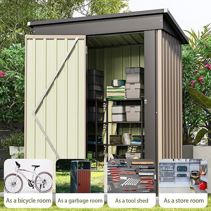Patiowell 5×3 FT Outdoor Storage Shed, Tool Shed with Sloping Roof and Lockable Door, Metal Shed for Backyard Garden Patio Lawn, Brown - Image 5