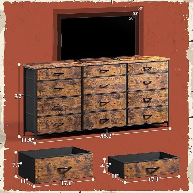 Romorgniz 55″ Dresser for Bedroom with 12 Fabric Drawers, Entertainment Center for 60 inch TV Dressers & Chests of Drawers Large Organizer, Living Room, Metal Frame, Wood Top, Rustic Brown - Image 3
