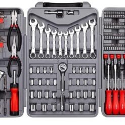 CARTMAN 205 Piece Ratchet Wrench Tool Set 1/4″ & 3/8″ & 1/2″ Drive with SAE/Metric Sockets Kit in Plastic Toolbox