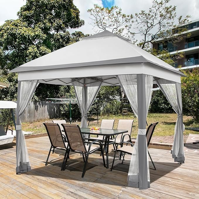Yaheetech 11×11 Pop Up Gazebo Outdoor Canopy Shelter, Instant Patio Gazebo Sun Shade Canopy Tent with 4 Sandbags, 2 Tiers Roof & Mesh Netting for Lawn, Garden, Backyard & Deck, Gray - Image 5
