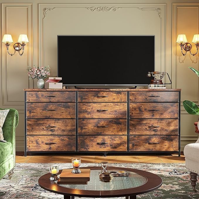 Romorgniz 55″ Dresser for Bedroom with 12 Fabric Drawers, Entertainment Center for 60 inch TV Dressers & Chests of Drawers Large Organizer, Living Room, Metal Frame, Wood Top, Rustic Brown - Image 4