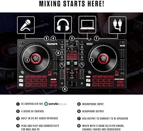 Numark Mixtrack Platinum FX Serato DJ Controllers with Jog Wheel Displays, 4 Decks, Mixers, Effects Paddles and (Audio Interface) - Image 7