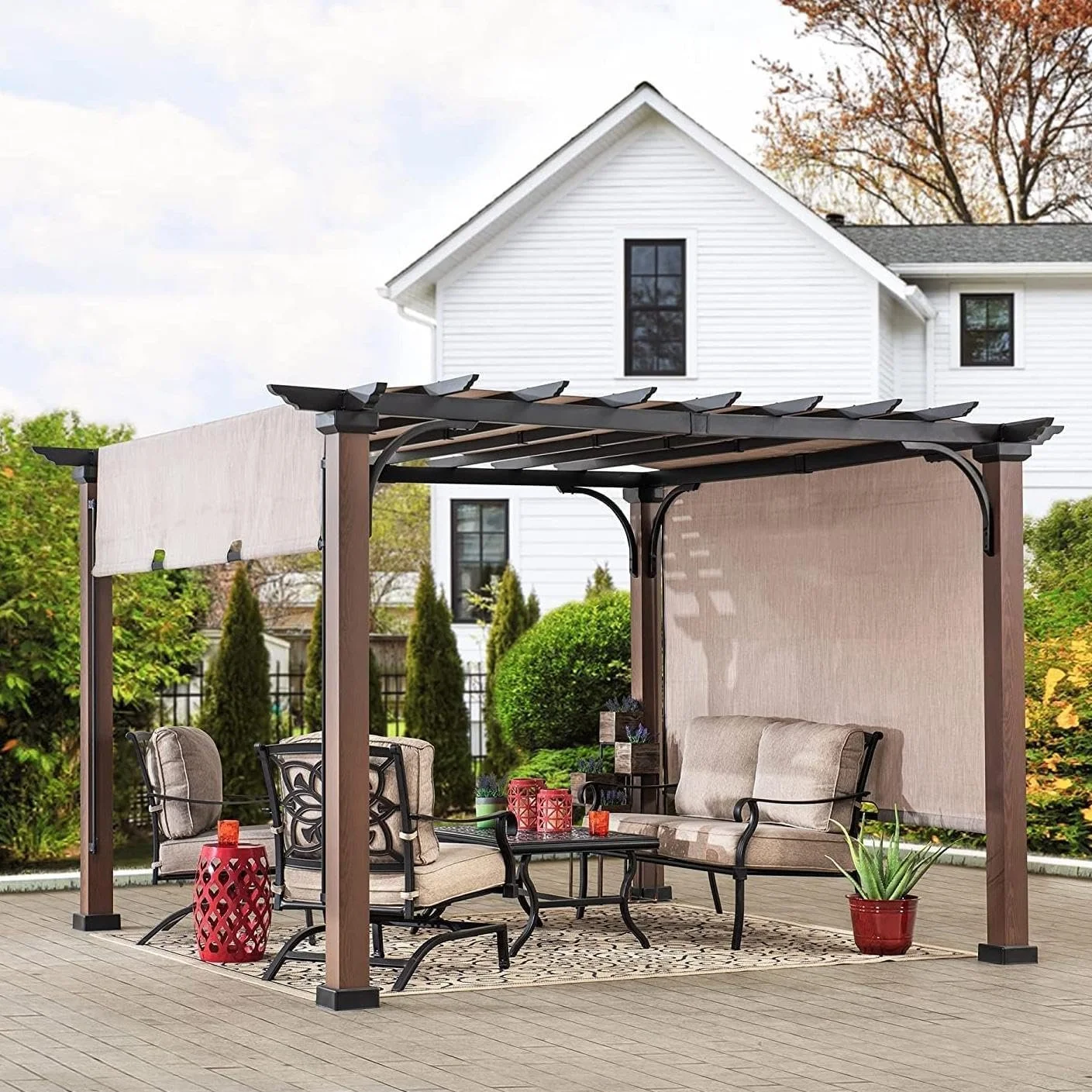 Sunjoy 11 x 11 ft Metal Pergola with Adjustable Tan Garden Shades - Image 4