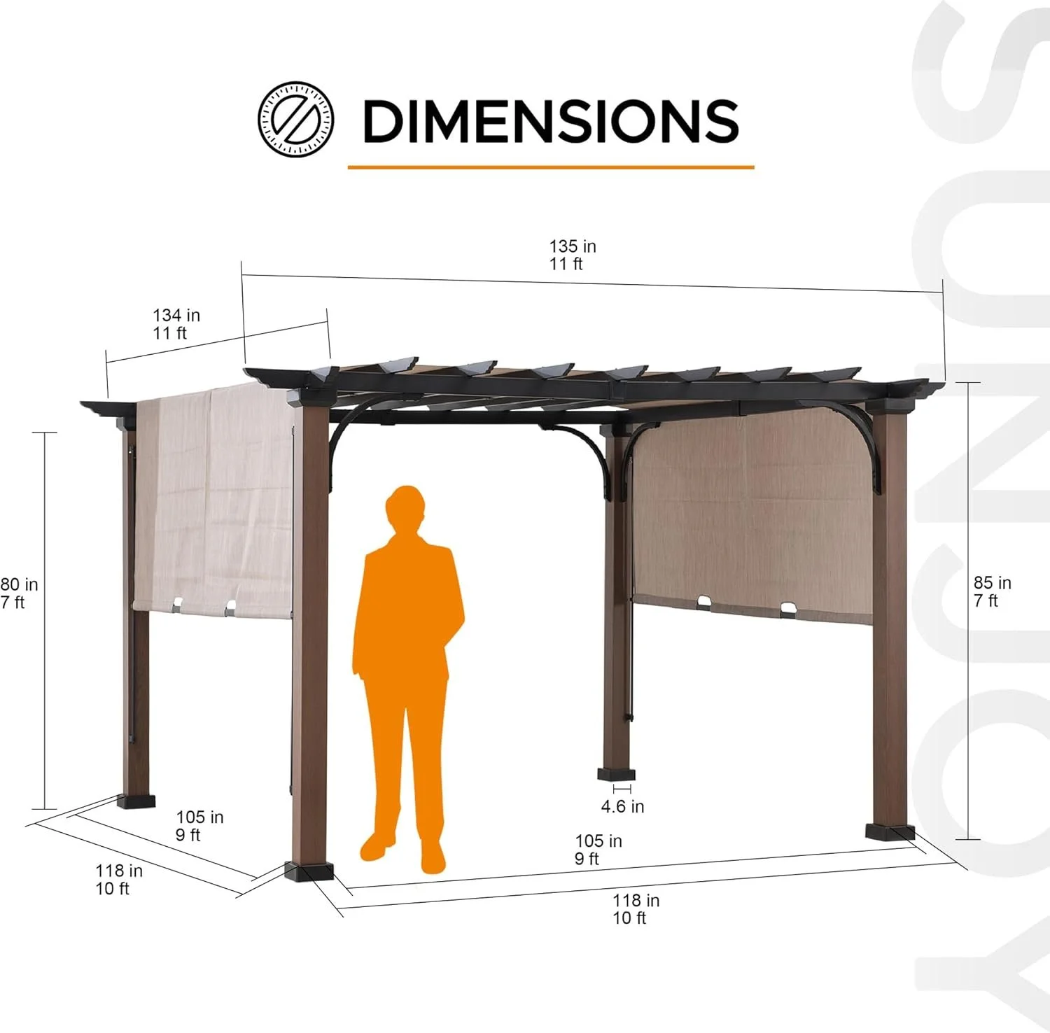 Sunjoy 11 x 11 ft Metal Pergola with Adjustable Tan Garden Shades - Image 2
