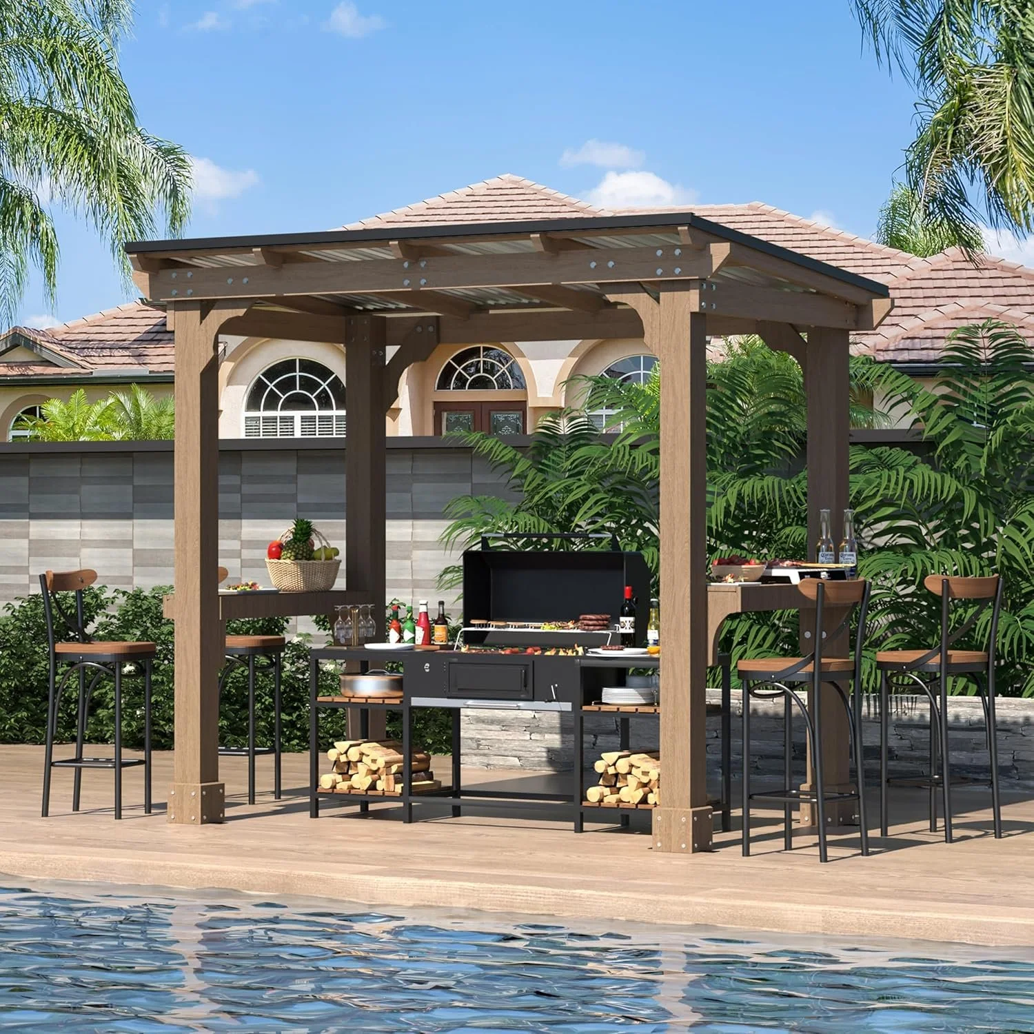 Veikous D Wooden Grills Gazebo Outdoor with Steel Roof - Image 4