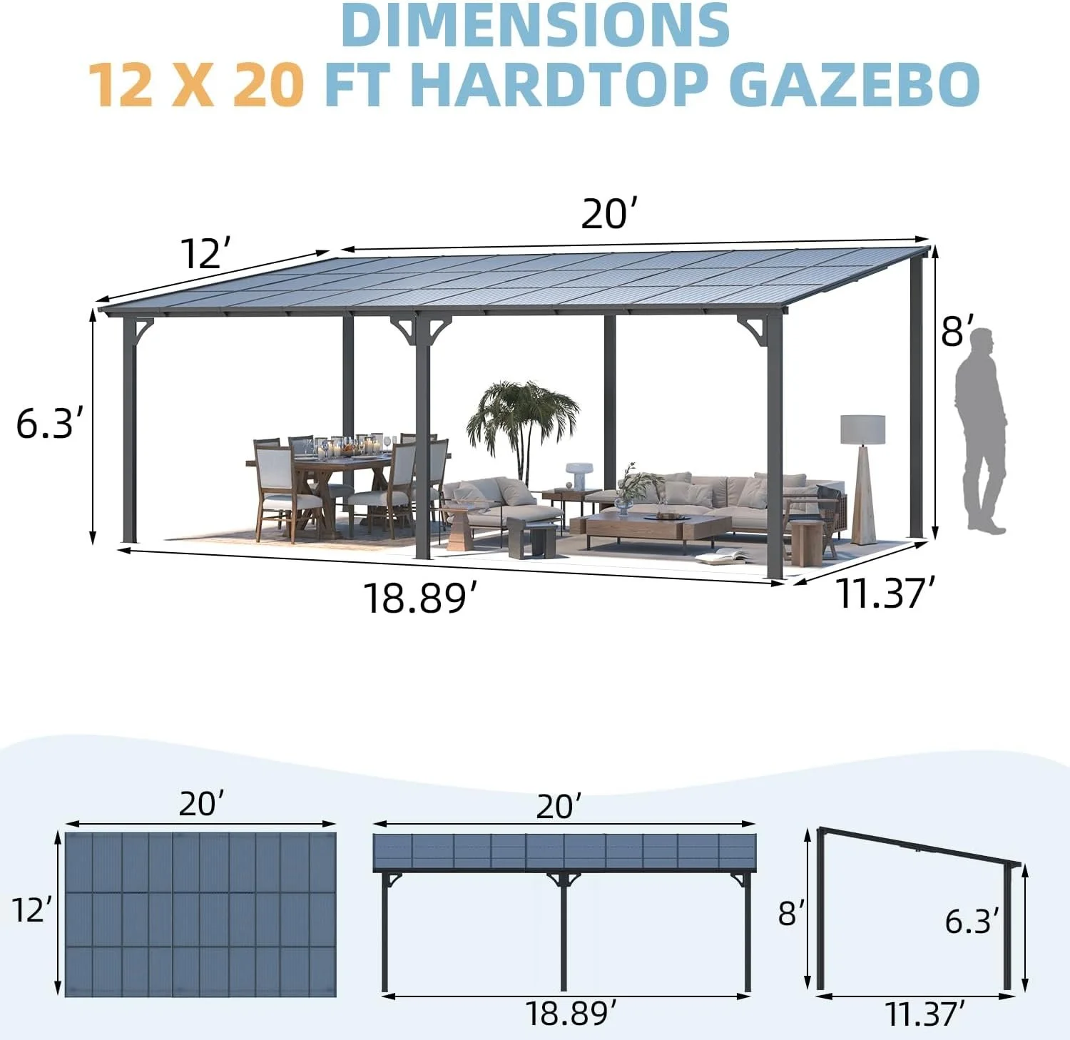 Aecojoy 20’x12′ Wall Mounteds Gazebos Pergola - Image 3