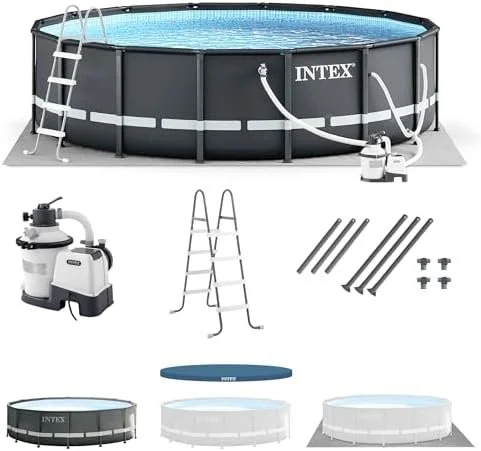 Intex Ultra XTR Frame 14′ x 42″ Round Above Ground Outdoor Swimming Pool Set with Sand Filter Pump, Ladder, Ground Cloth, and Pool Covers - Image 8
