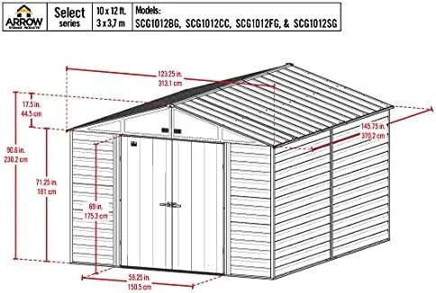 Arrow Select 10′ x 12′ Outdoor Lockable Steel Storage Shed Building, Charcoals - Image 3