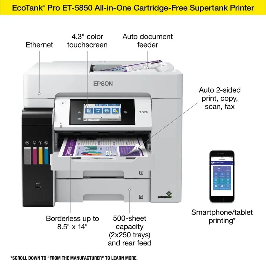 Epson EcoTank Pro ET-5850 Wireless Color All-in-One Supertanks Printer C11CJ29201 - Image 3